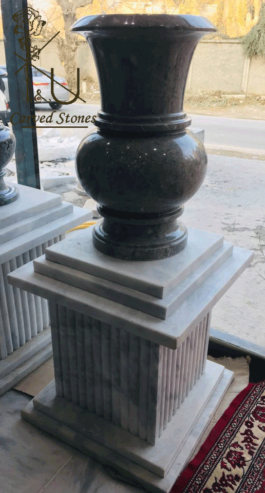 Silky Black Gray Marble Floor Vase - K&U Carved Stones