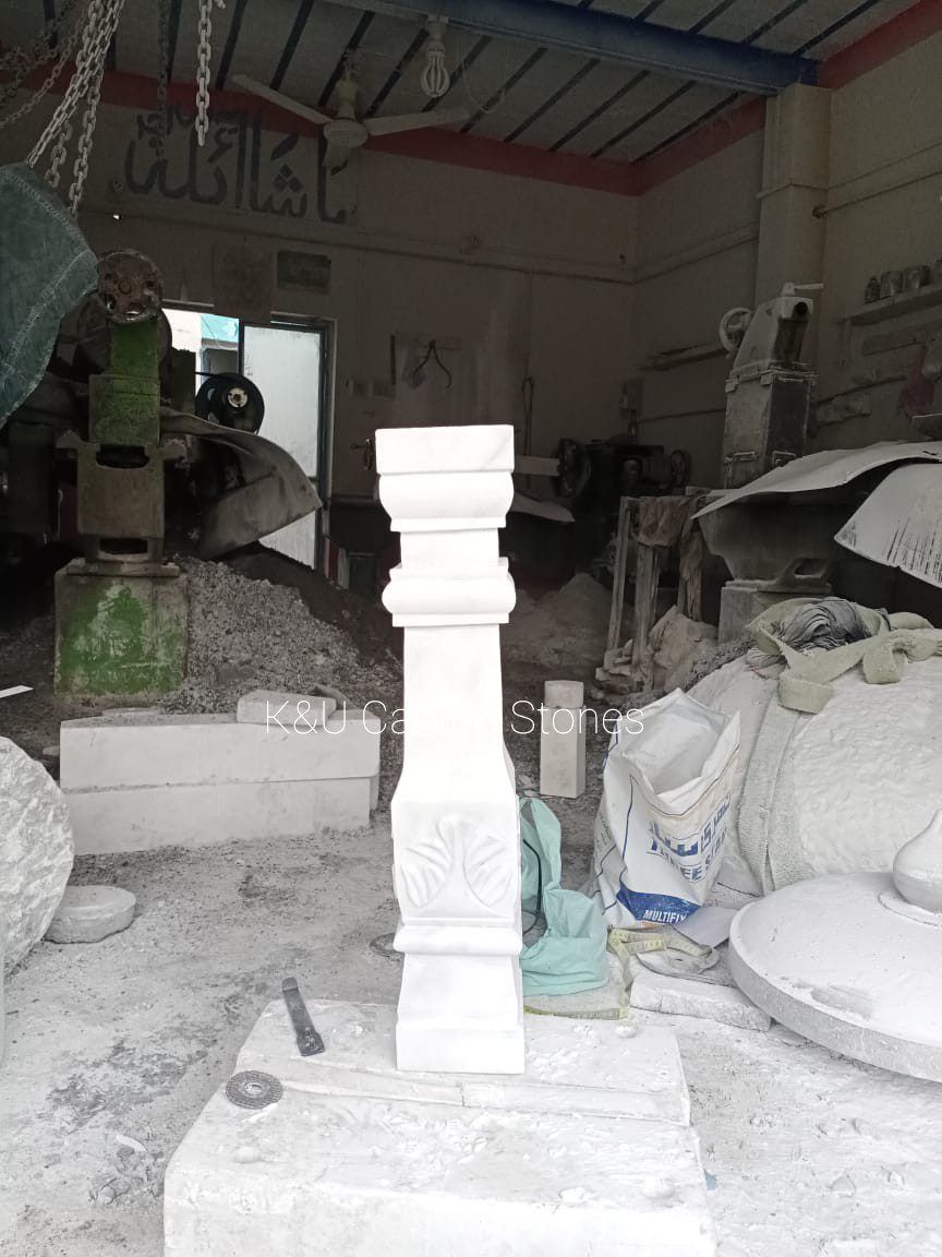 Carved Ziarat White (Mat) Marble Pillar